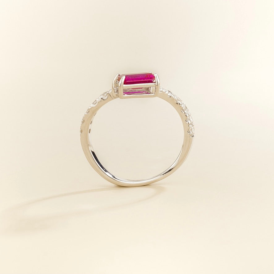 Luno Vivid Pink Sapphire Emerald-Cut & Diamond Pavé Curved Band Ring in White Gold