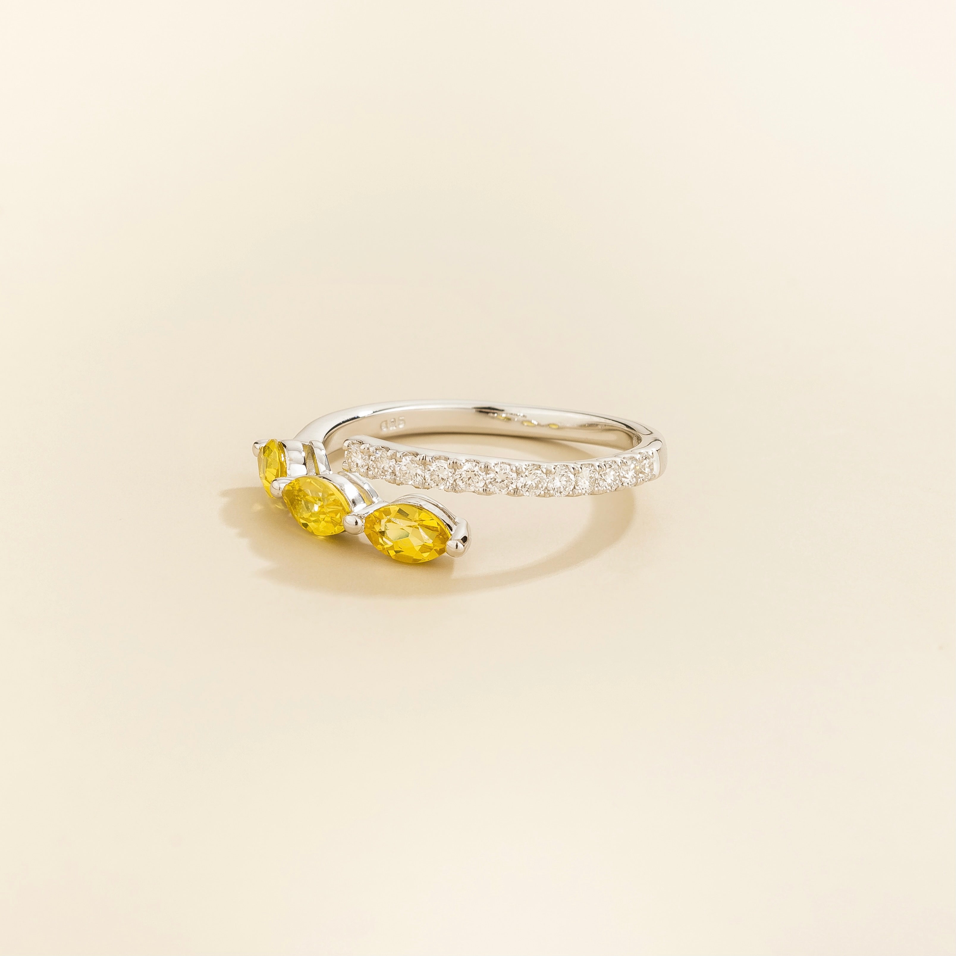 Sava Yellow Sapphire Three-Stone & Diamond Pavé Ring in White Gold