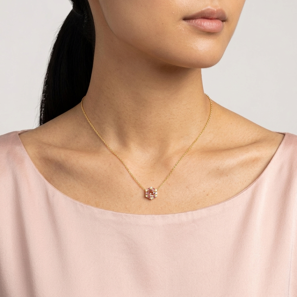 A model is wearing Melba Padparadscha Sapphire, Pink Sapphire & Diamond Halo Hexagon Pendant Necklace in Gold set with lab grown diamond and round cut padparadscha sapphire gem stones.