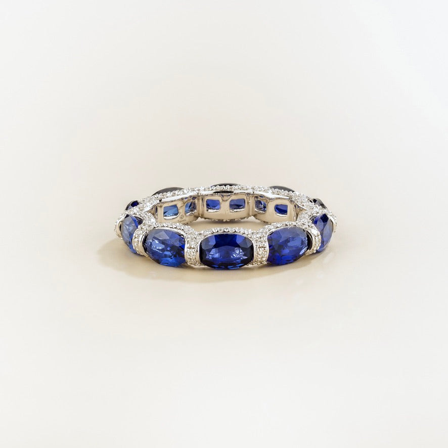 Muge Oval Blue Sapphire & Diamond Eternity Ring in White Gold