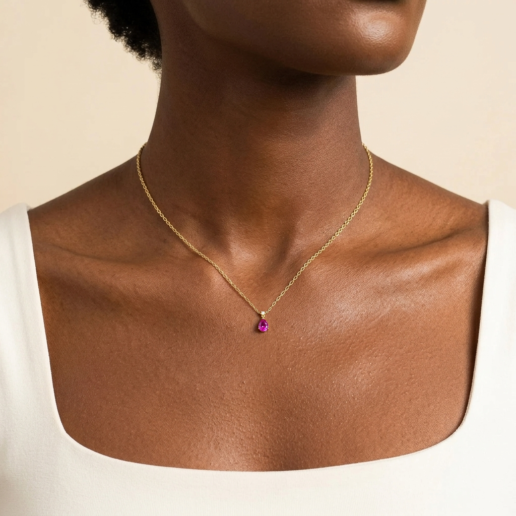 Pisa Vivid Pink Sapphire & Diamond Pear Drop Pendant Necklace in Gold - Medium
