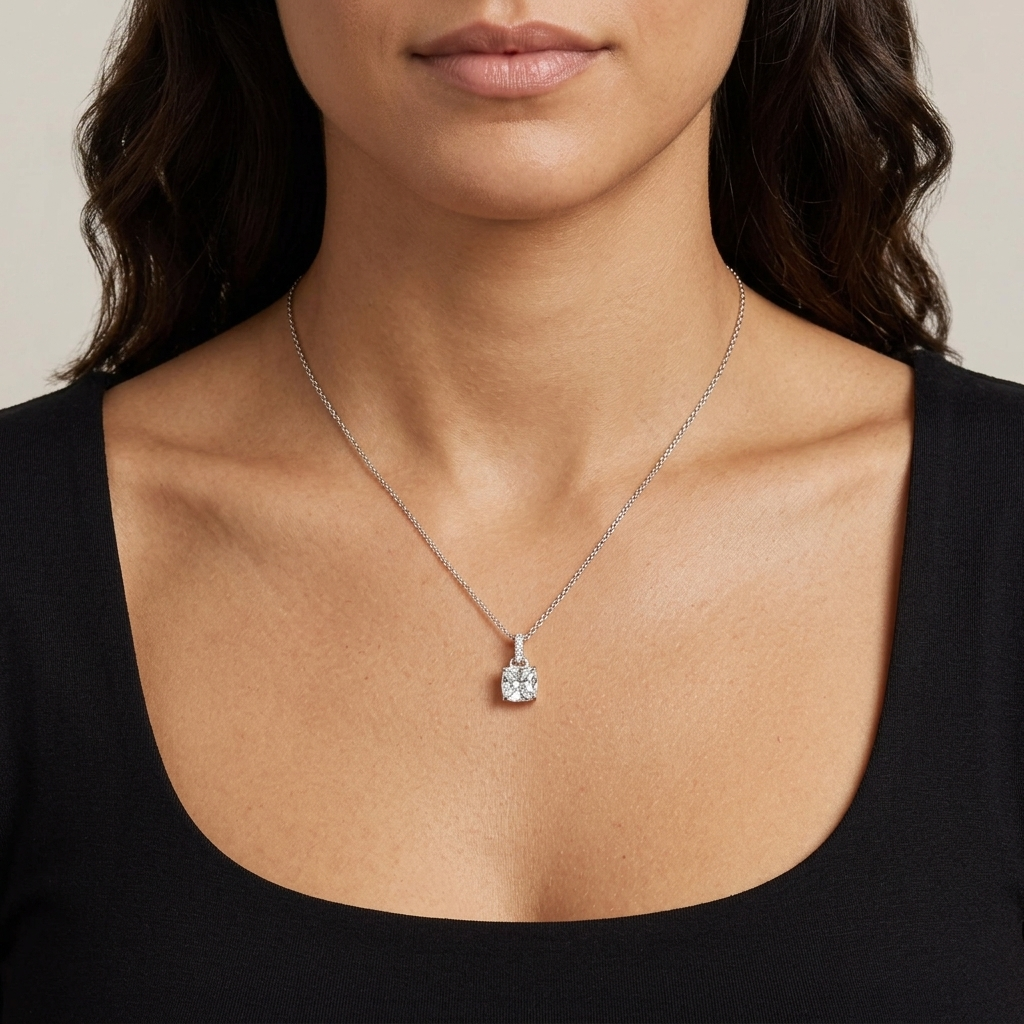 A model is wearing Roue Diamond Cushion Cut & Hoop Pendant Necklace in White Gold set with cushion cut lab grown diamond gem stones.