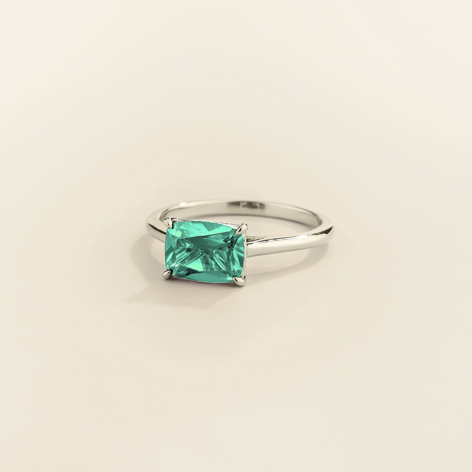 Kissen Ring in white gold, set with a Paraiba Sapphire in an east–west setting.