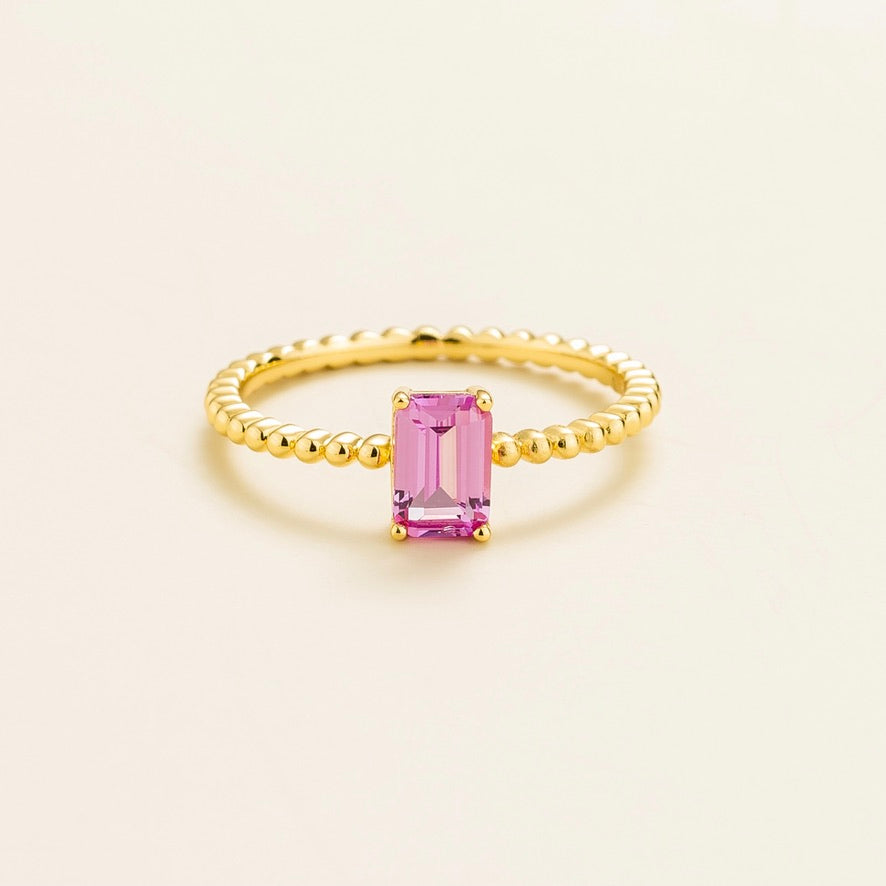 Emerald-cut lab-grown pink sapphire beaded band Fondi ring in gold | Juvetti London