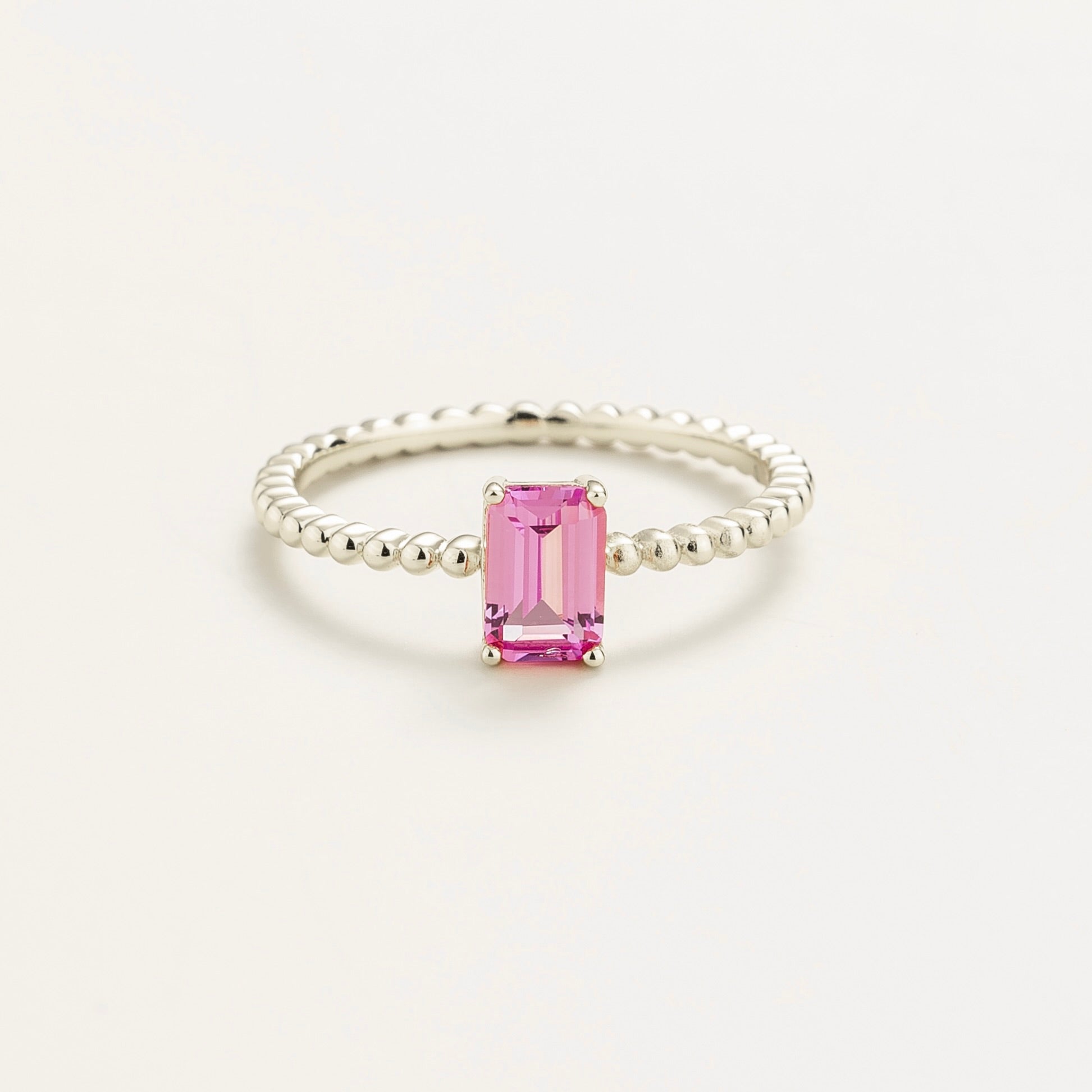 Emerald-cut lab-grown pink sapphire beaded band Fondi ring in white gold | Juvetti London