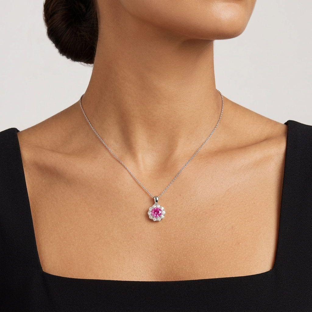 A model is wearing Floret Vivid Hot Pink Sapphire Round & Diamond Halo Pendant Necklace in White Gold set with lab grown diamond and round cut vivid hot pink sapphire gem stones.