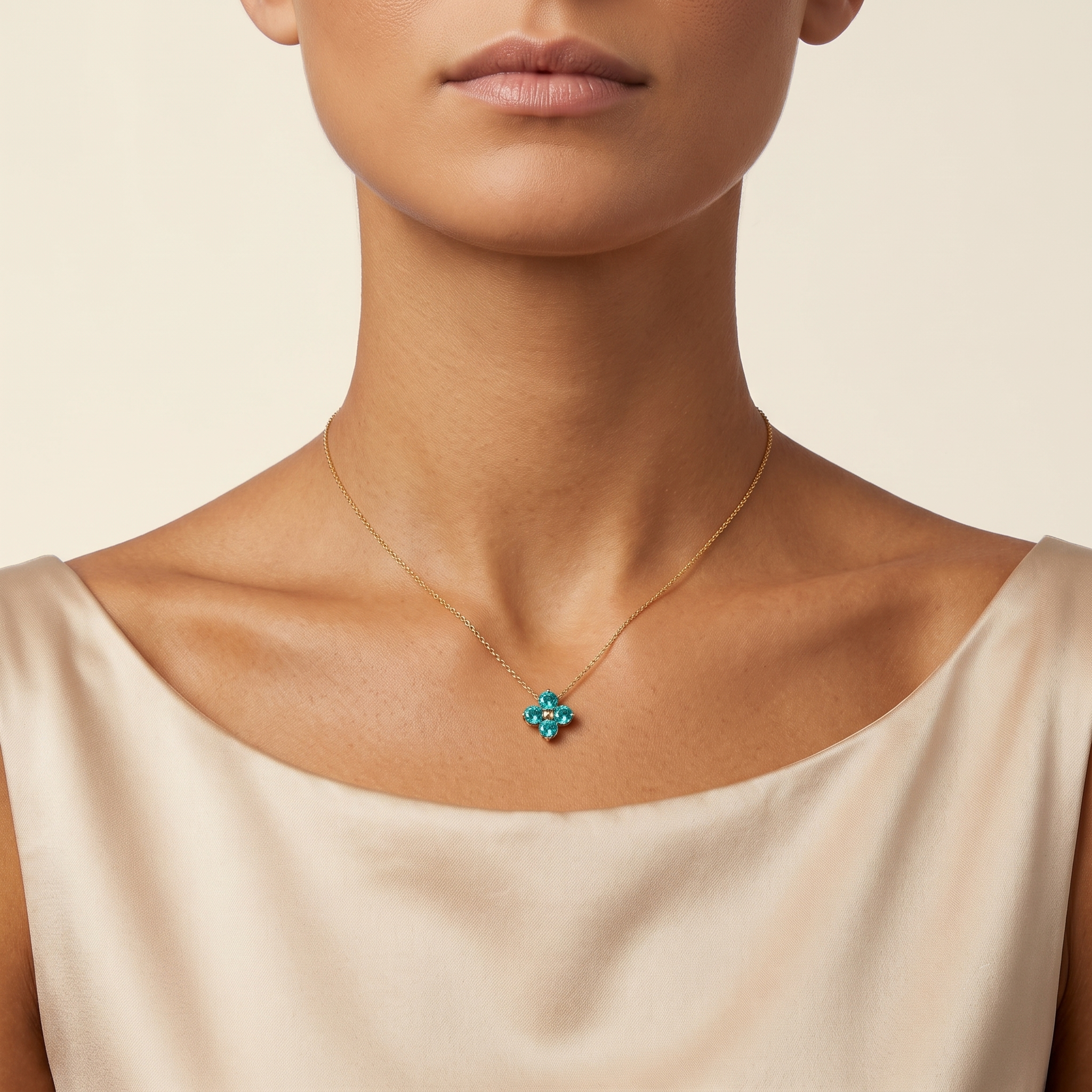 Round-cut Sapphire & Paraiba Clover Pendant Necklace in Gold