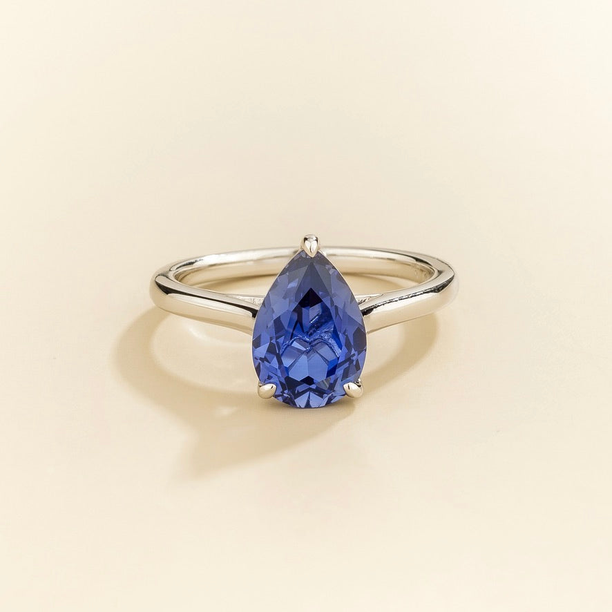 Pandal Pear Shape Blue Sapphire Cathedral Solitaire Ring