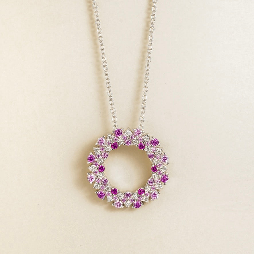 Starry Pink Sapphire & Diamond Eternity Circle Pendant Necklace In White Gold