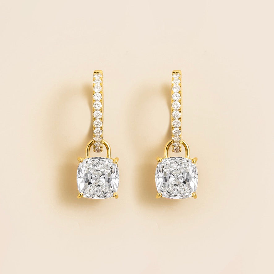 Roue gold hoop drop earrings featuring cushion-cut lab-grown diamonds | Juvetti London