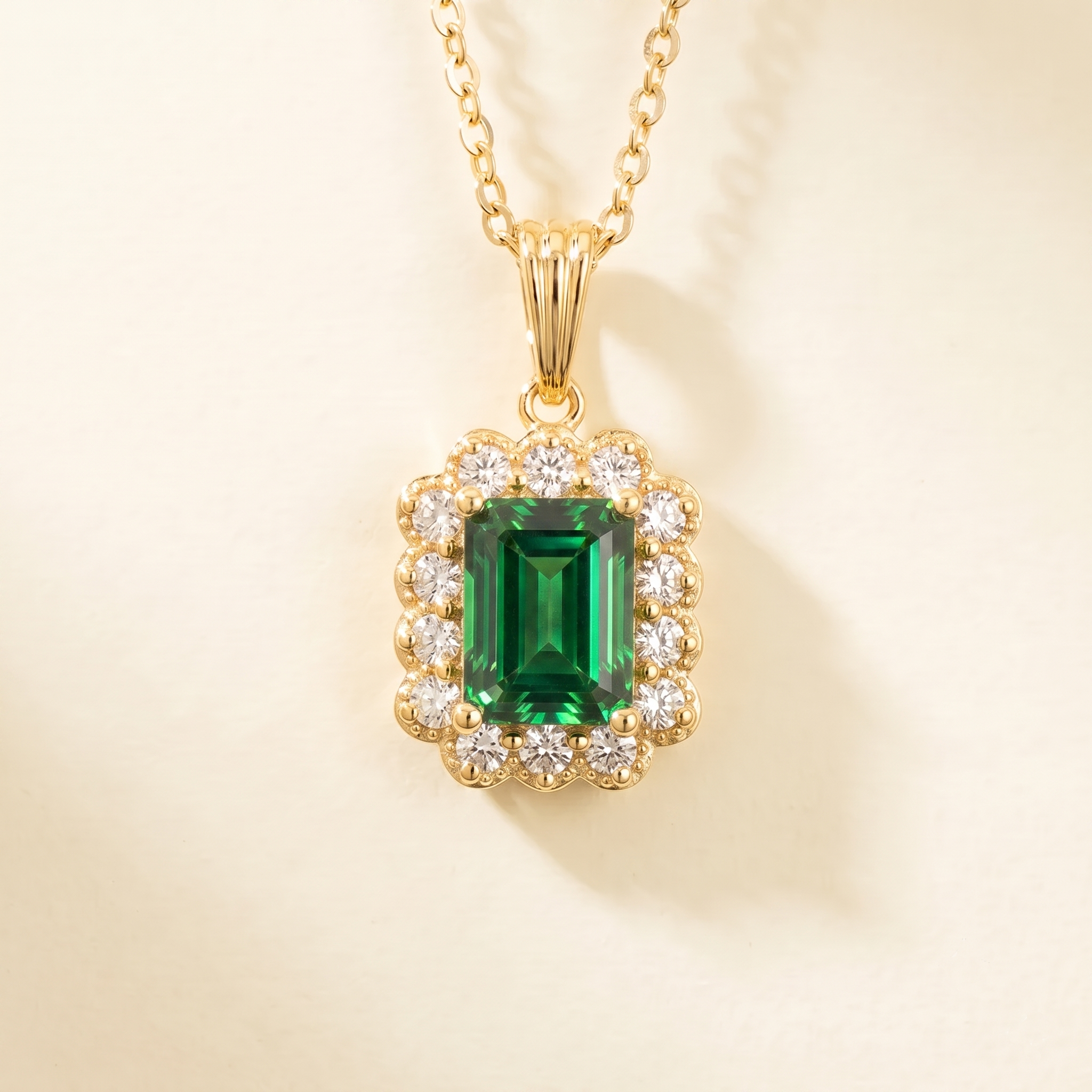 Verda Emerald Emerald-Cut & Diamond Halo Pendant Necklace in Gold
