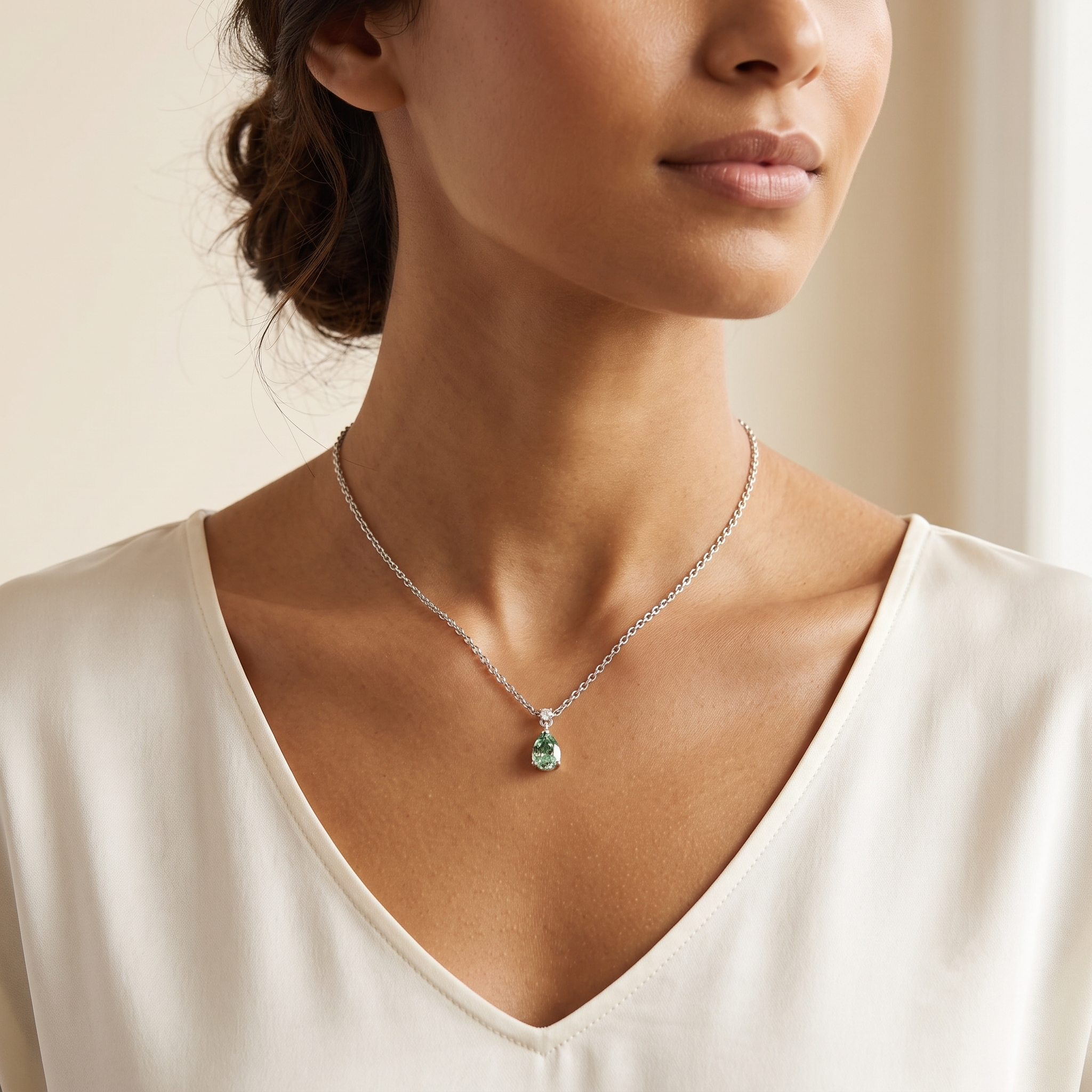 Pear-cut Green Sapphire & Diamond Pendant Necklace in White Gold