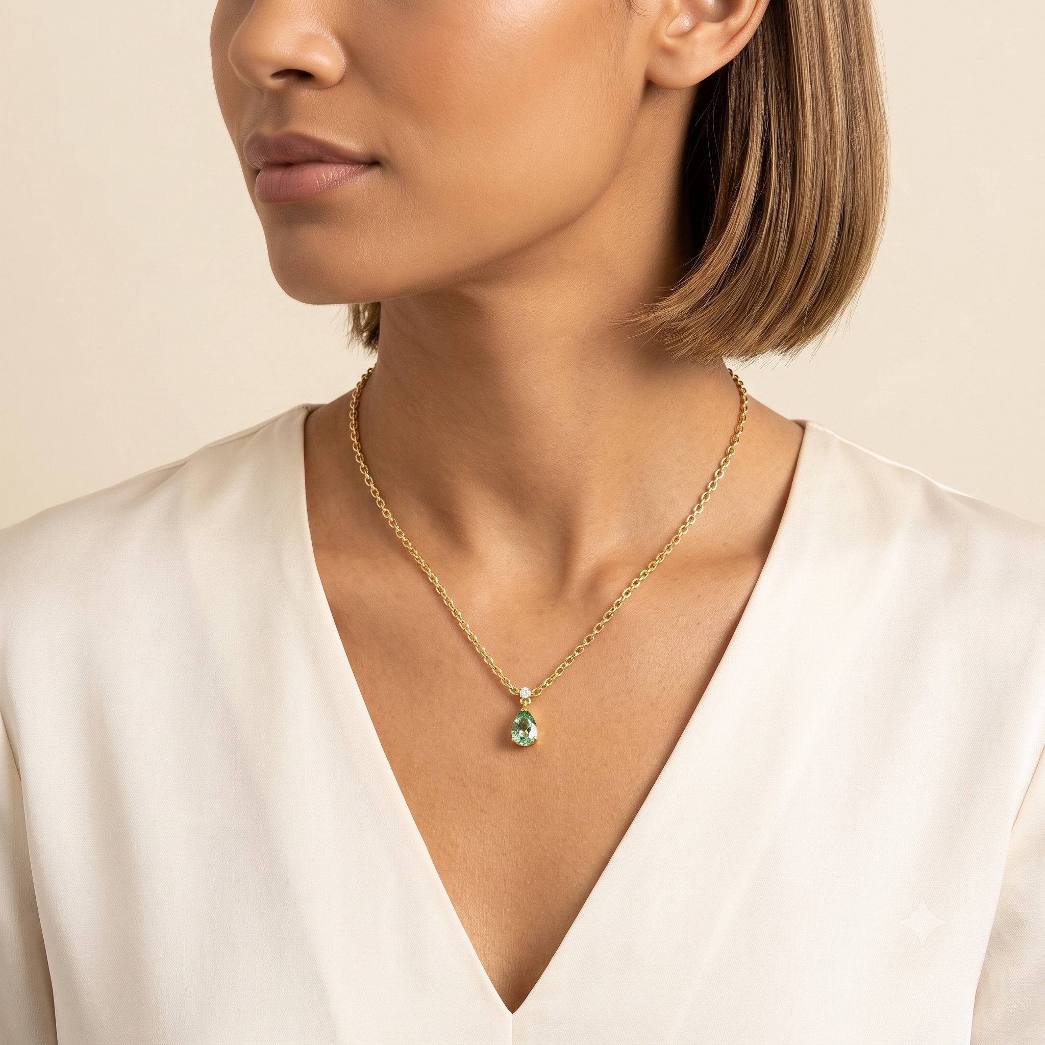 Pear-cut Green Sapphire & Diamond Pendant Necklace in Gold