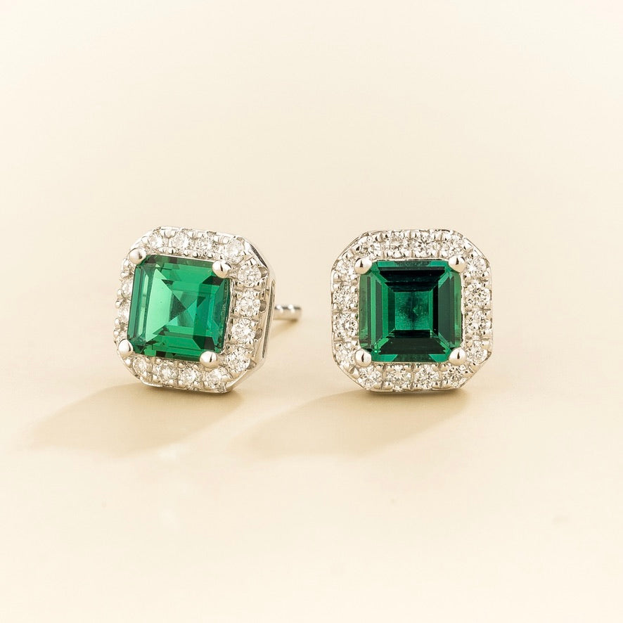 Piazza Emerald Asscher Cut Stud Earrings with Diamond Halo in White Gold