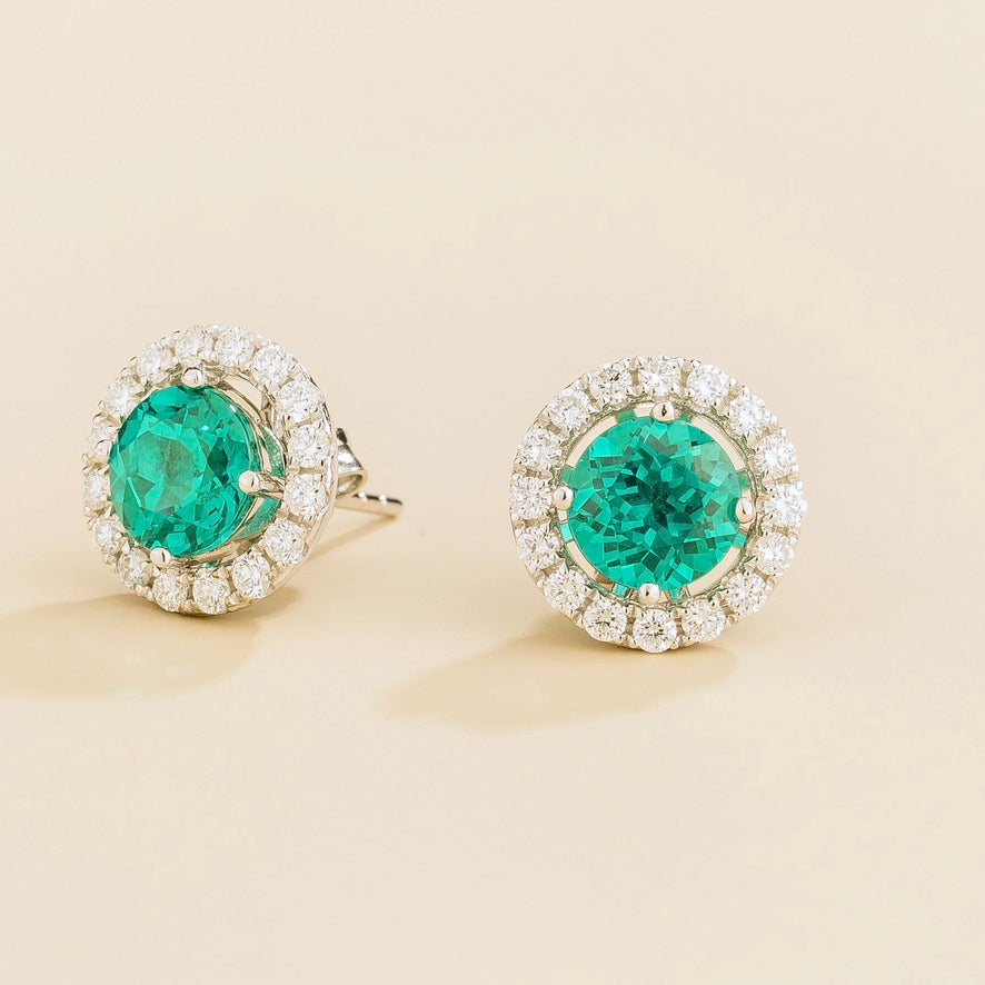 Floret Paraiba Round & Diamond Halo Stud Earrings in White Gold