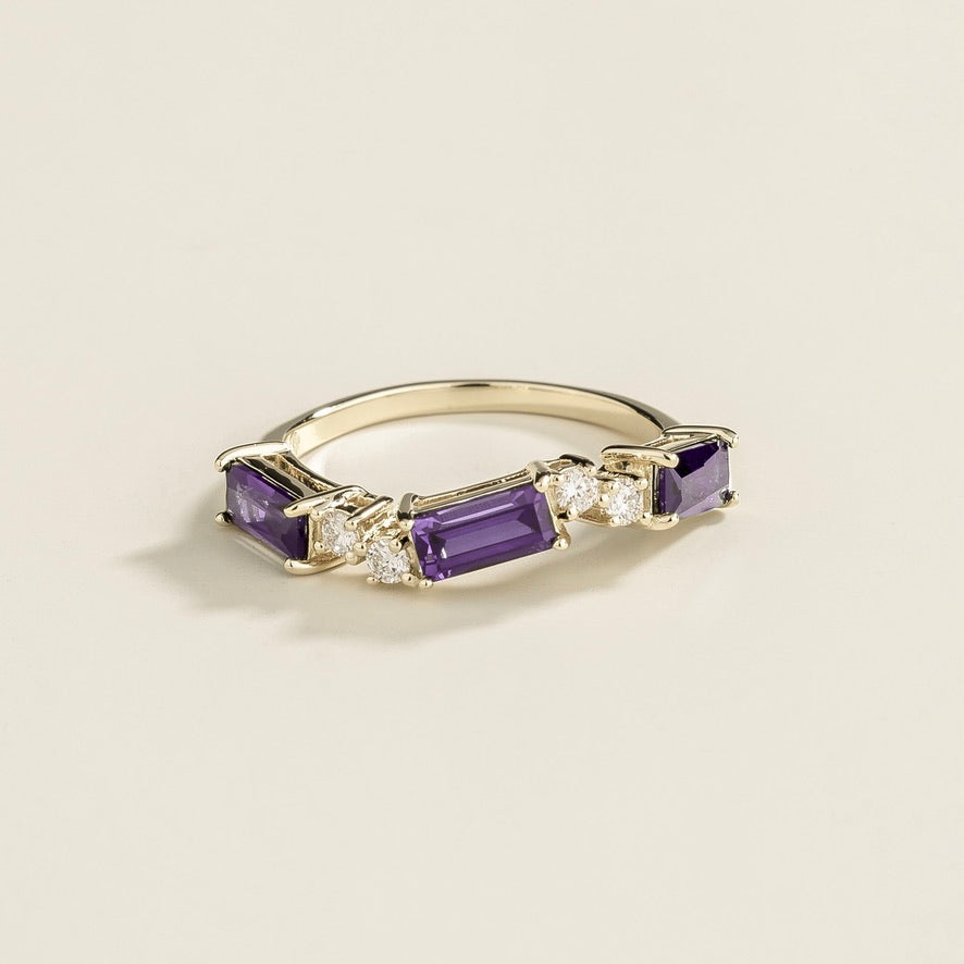 Baguette-cut lab-grown purple sapphire and diamond three-stone ring in white gold | Juvetti London