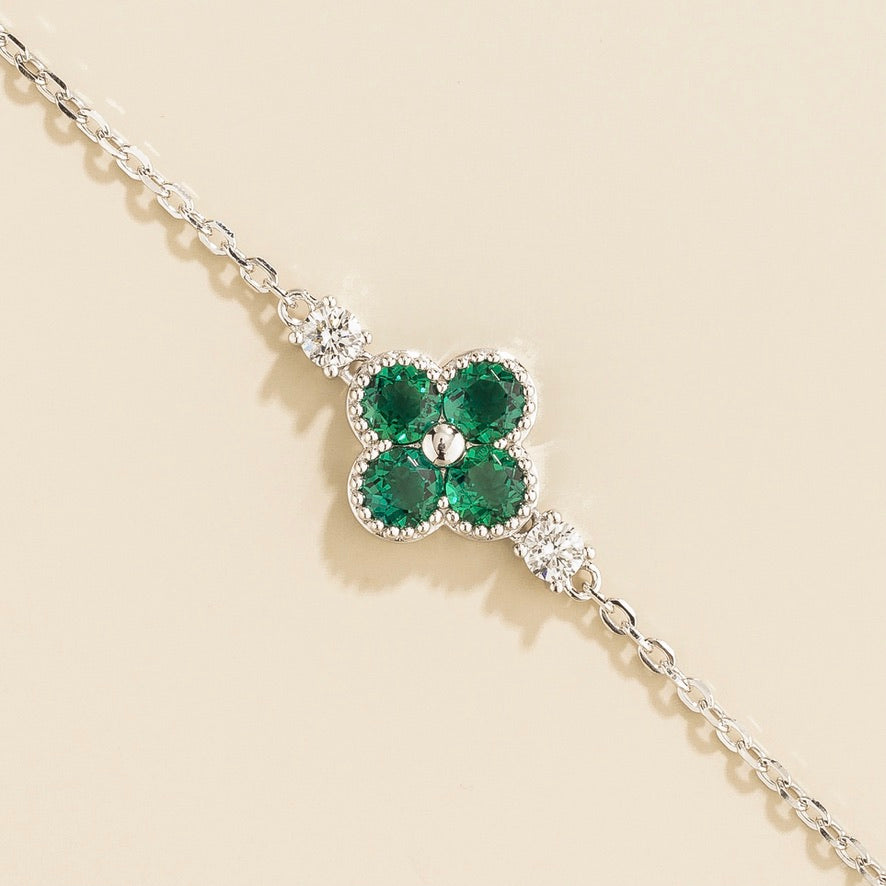 Emerald and Diamond Four-Leaf Clover Chain Bracelet in White Gold