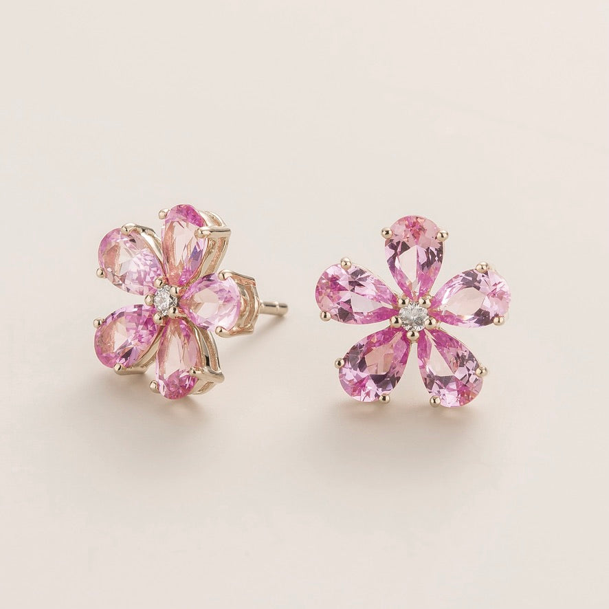Florea Pastel Pink Sapphire & Diamond Flower Stud Earrings in White Gold