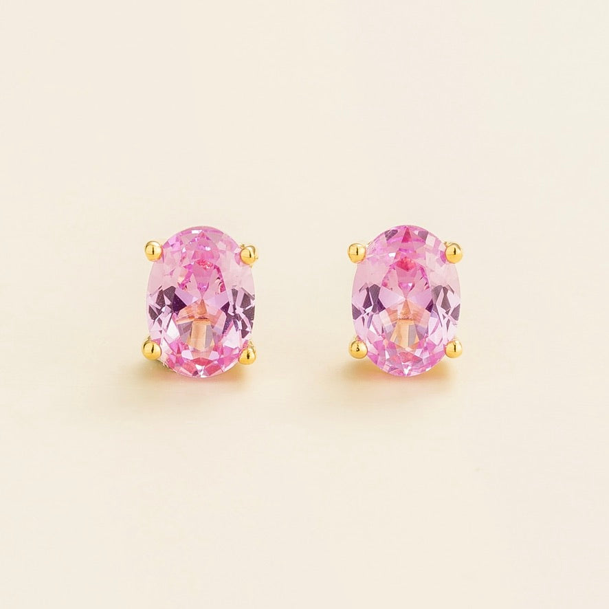 Oval lab-grown pastel pink sapphire stud earrings, Ovo design in gold | Juvetti London