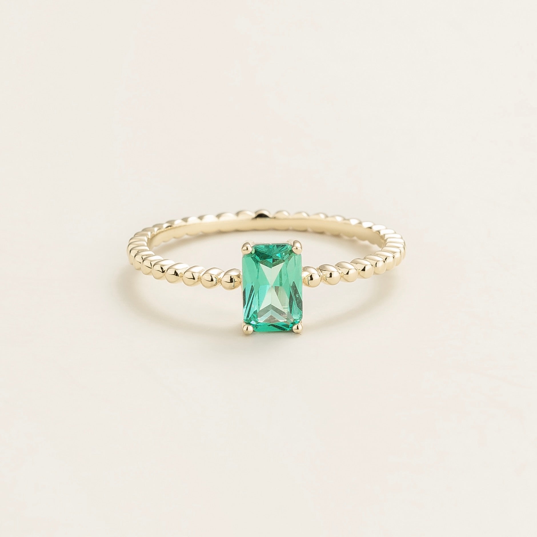 Emerald-cut lab-grown Paraiba sapphire beaded band Fondi ring in white gold | Juvetti London