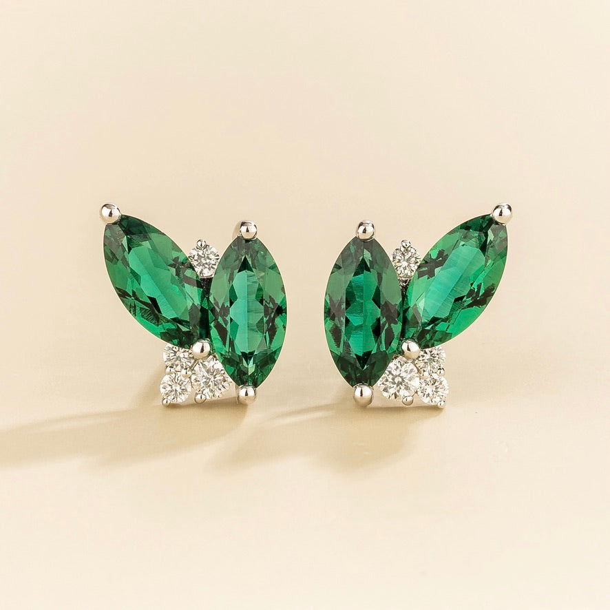 Vento Marquise Emerald & Diamond Cluster Stud Earrings in White Gold