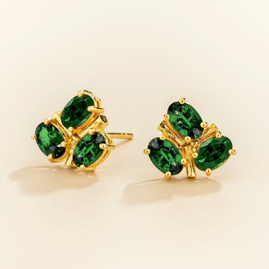 Ligna Oval Emerald Cluster Stud Earrings in Gold