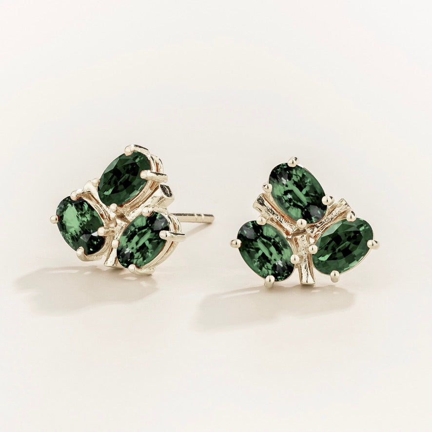Ligna Oval Emerald Cluster Stud Earrings in White Gold