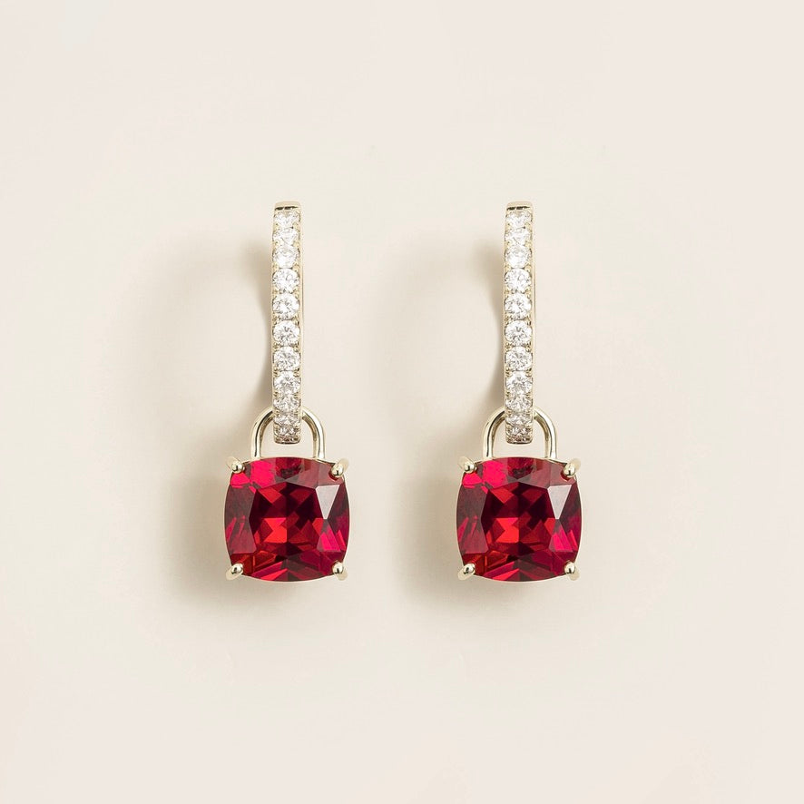 Cushion-cut lab-grown ruby and diamond hoop drop earrings, Roue design in white gold | Juvetti London