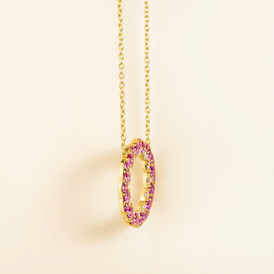 Starry Pink Sapphire & Diamond Eternity Circle Pendant Necklace In Gold
