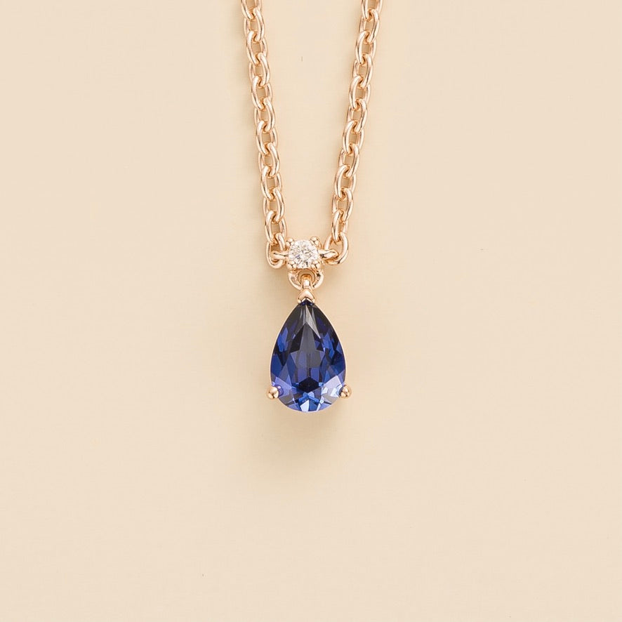 Blue Sapphire & Diamond Pear Drop Pendant Necklace In Rose Gold - Small