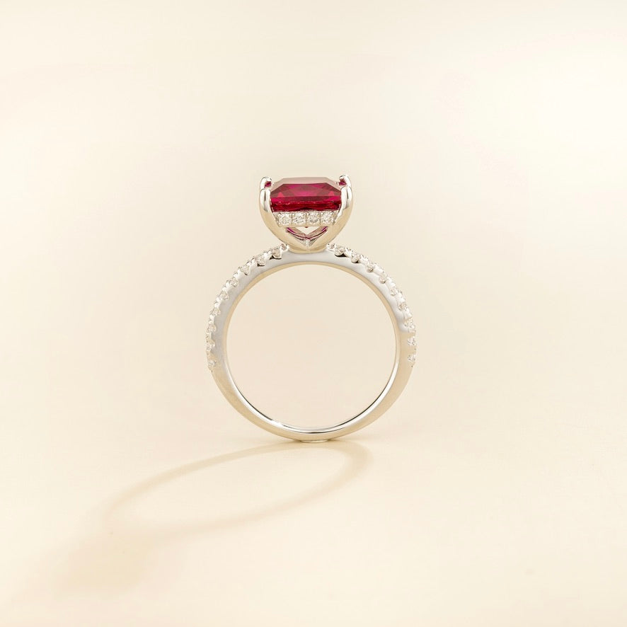 Rena Ruby Princess-Cut Ring with Pavé Diamond Band in White Gold