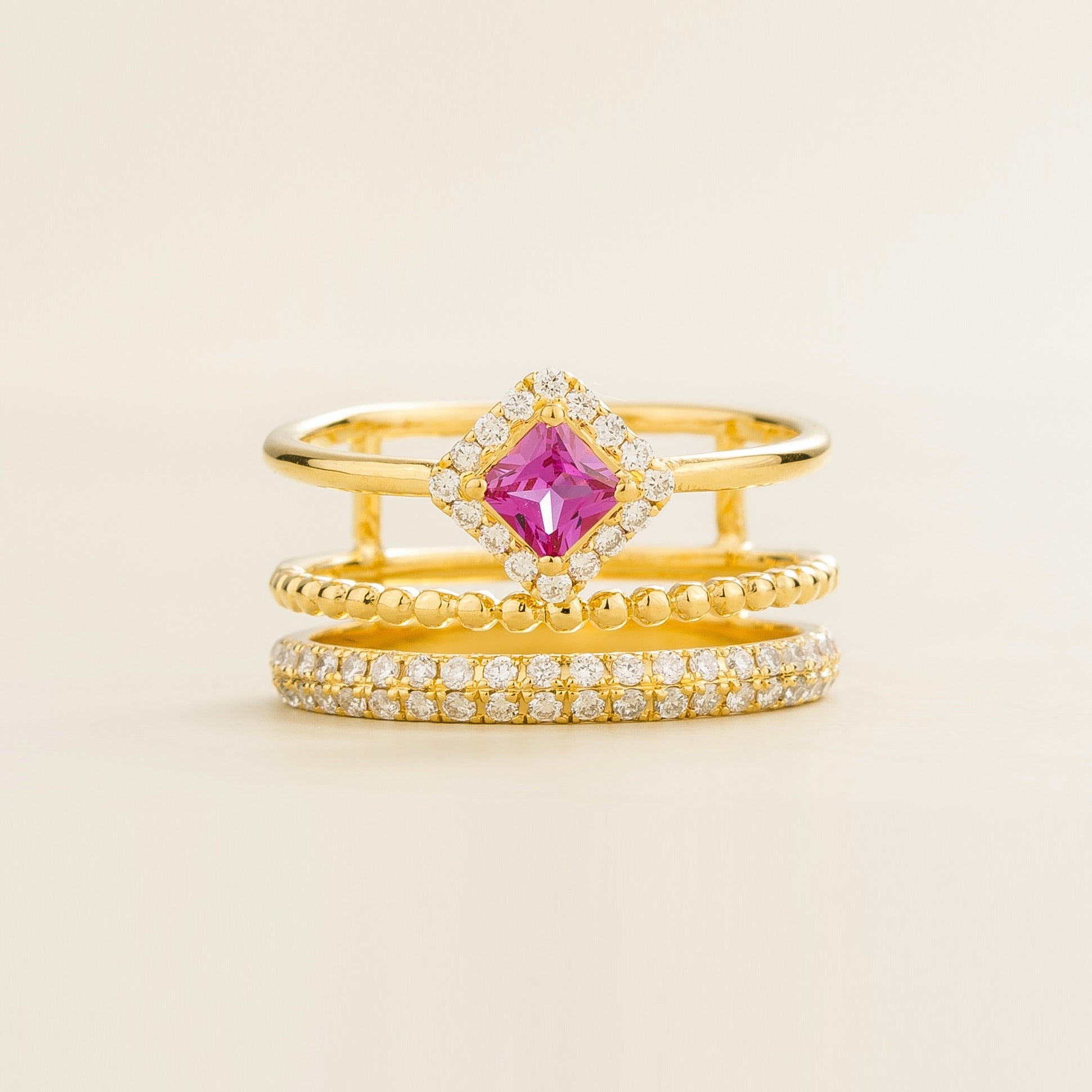 Amici gold stacking ring set with lab-grown pink sapphire and pavé diamonds | Juvetti London
