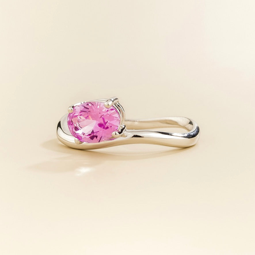 Luno Vivid Pink Sapphire Oval Solitaire Curved Band Ring in White Gold