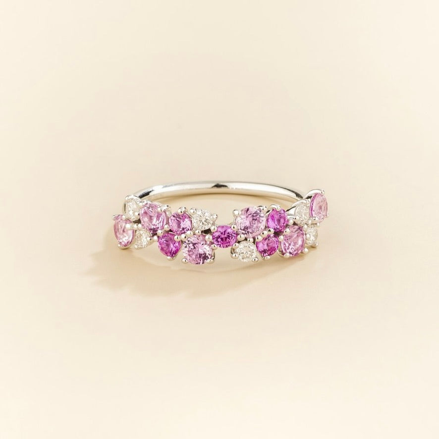 Starry Pink Sapphire & Diamond Cluster Ring in White Gold