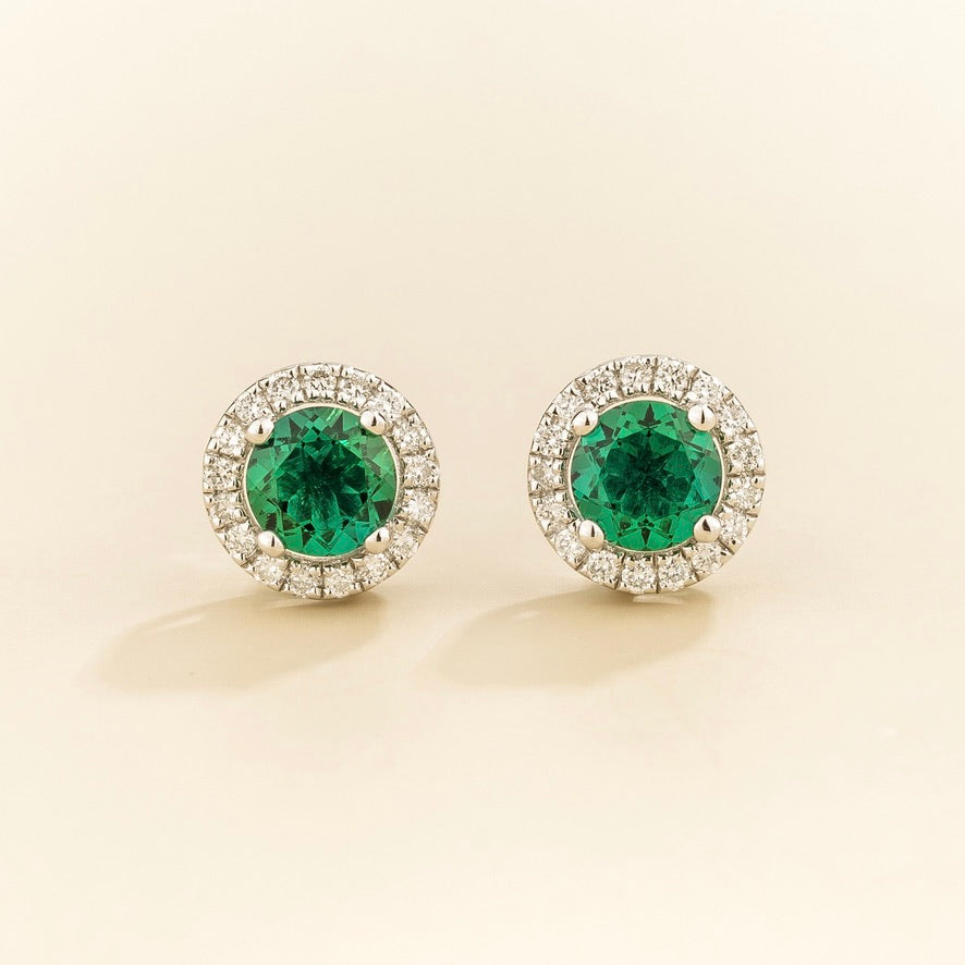 Mars Emerald Round & Diamond Halo Earrings In White Gold