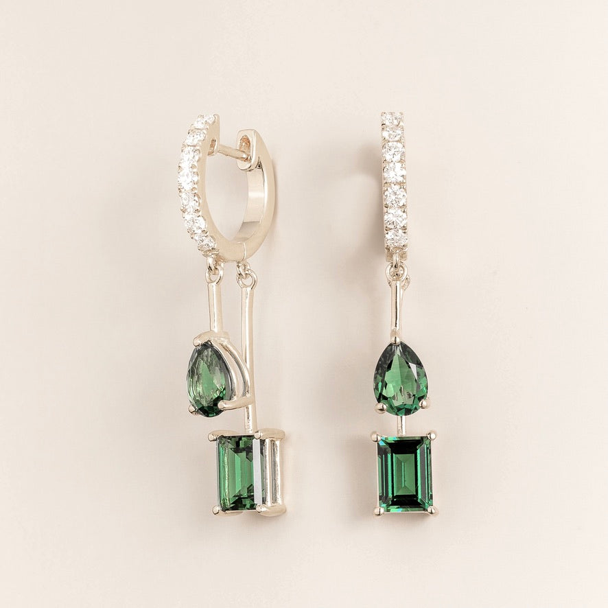 Faire Emerald & Diamond Pavé Drop Huggie Hoop Earrings in White Gold