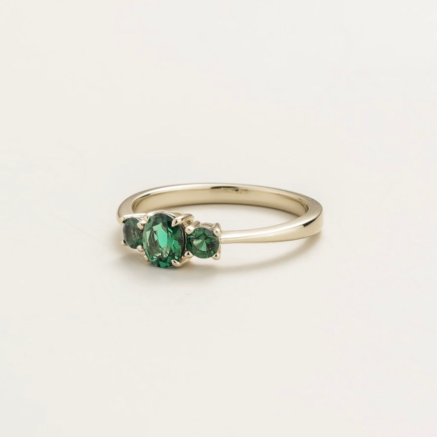 Boble Emerald Oval Three-Stone Ring in White Gold