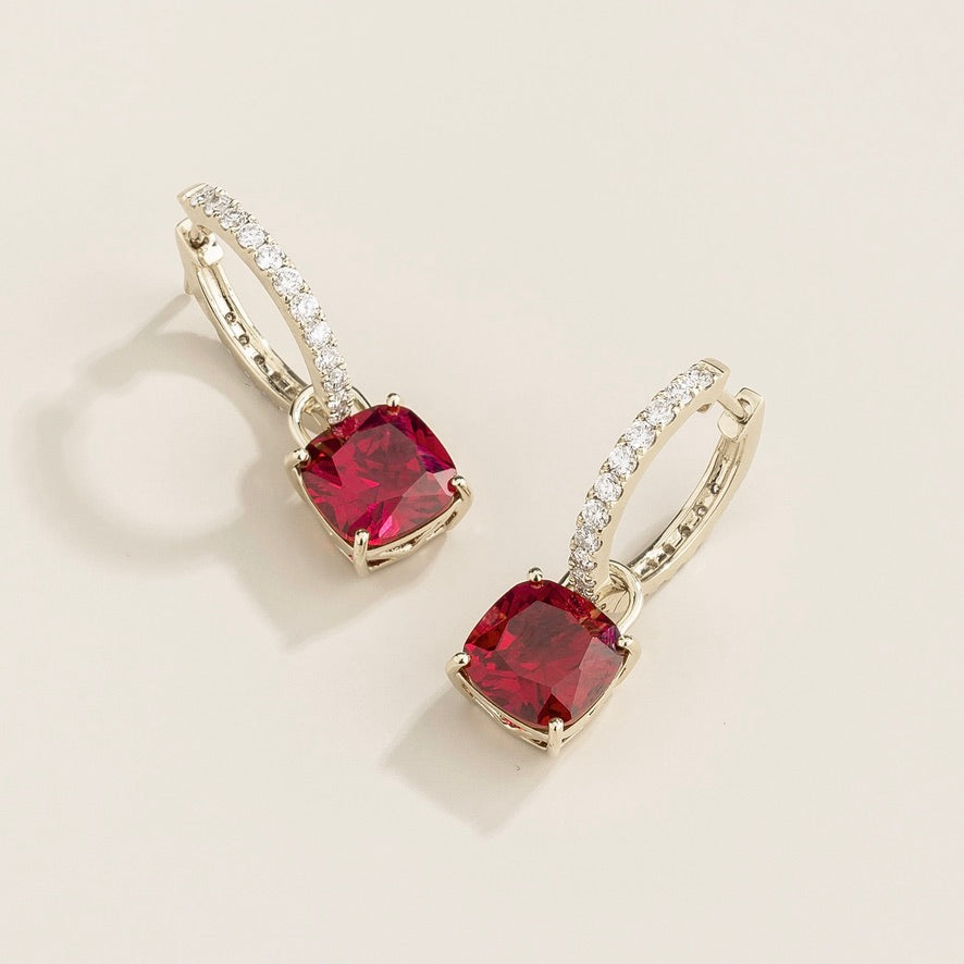 Roue Ruby Cushion Cut & Diamond Hoop Drop Earrings in White Gold