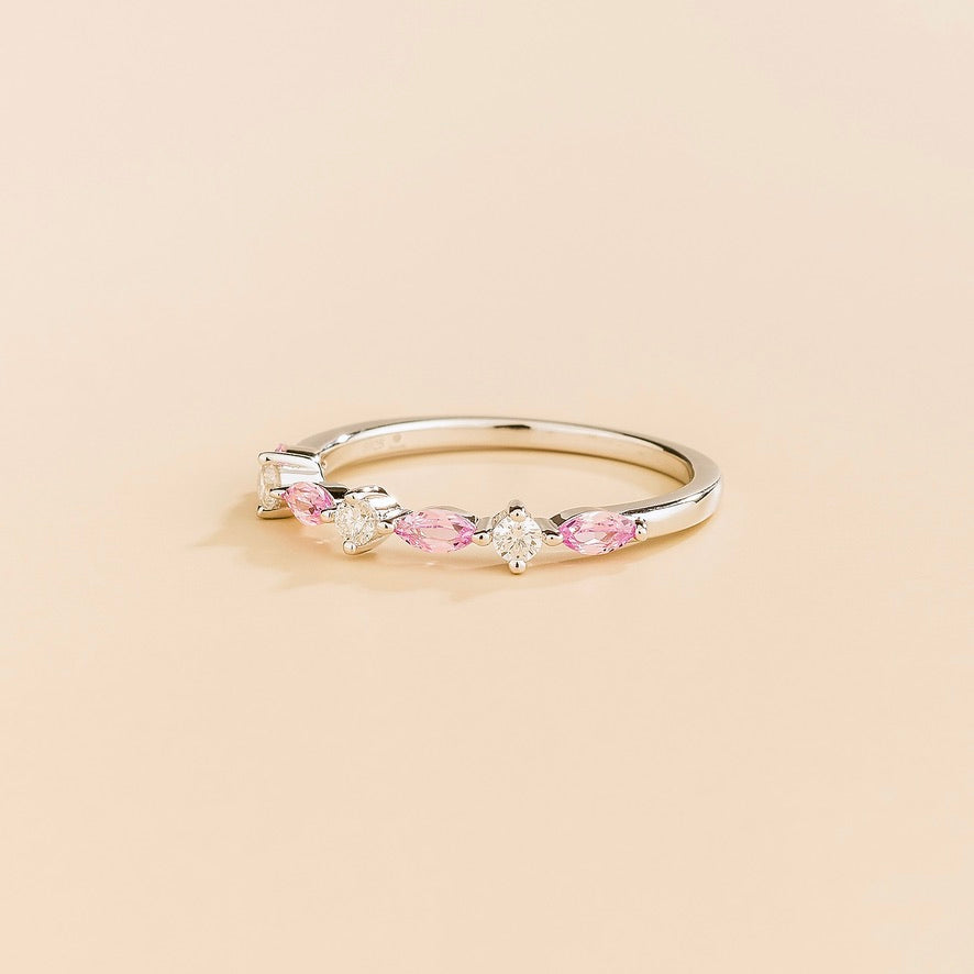 Marquise Pink Sapphire & Diamond Half Eternity Band White Gold Ring
