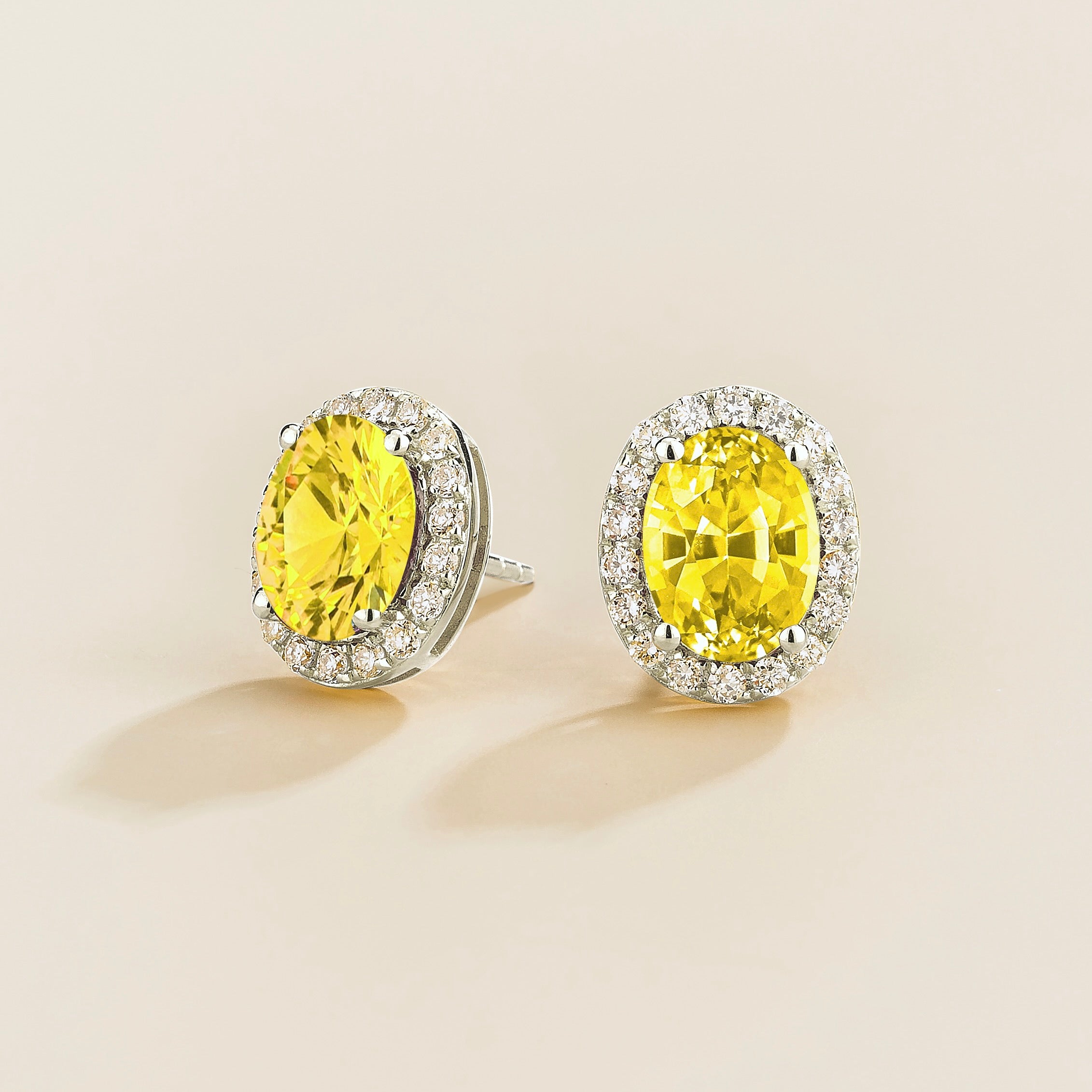Mina Oval Yellow Sapphire & Diamond Halo Earrings In White Gold