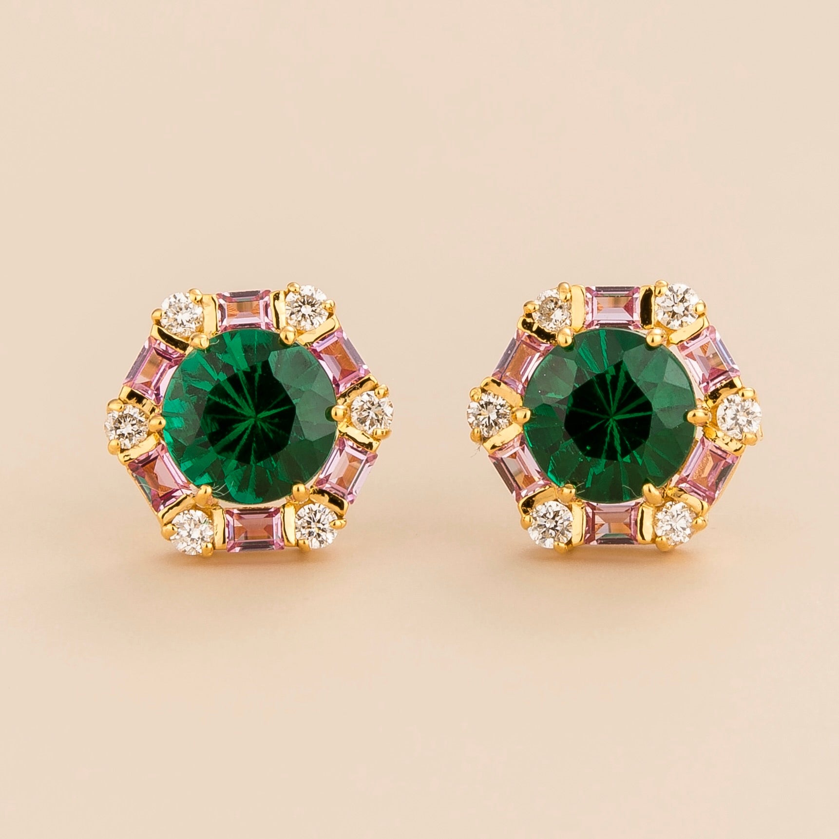 Lab-grown emerald, pink sapphire and diamond halo stud earrings in gold | Juvetti London