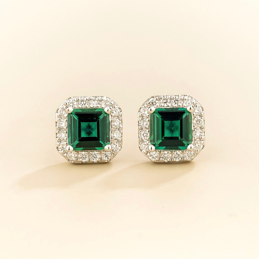 Piazza Emerald Asscher Cut Stud Earrings with Diamond Halo in White Gold