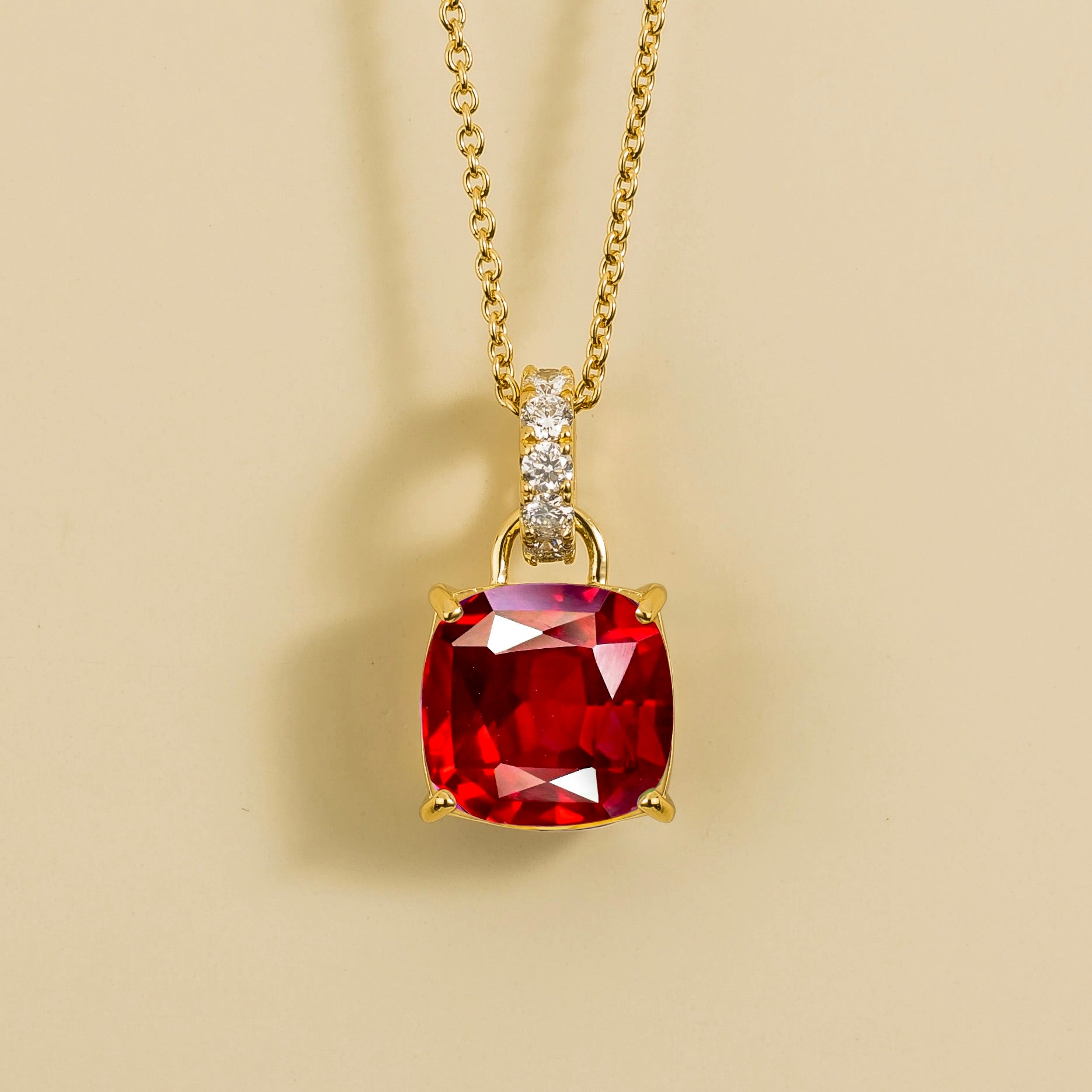 Cushion-cut lab-grown ruby and diamond hoop pendant necklace in gold | Juvetti London