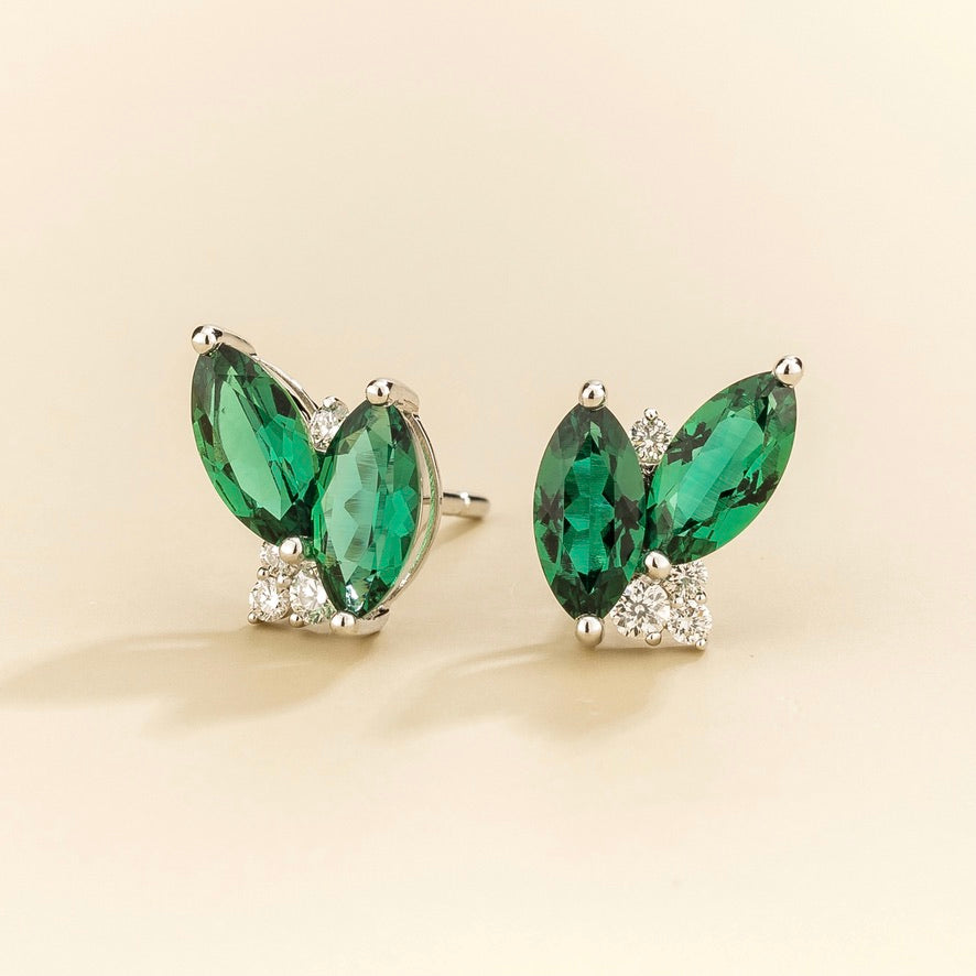 Vento Marquise Emerald & Diamond Cluster Stud Earrings in White Gold