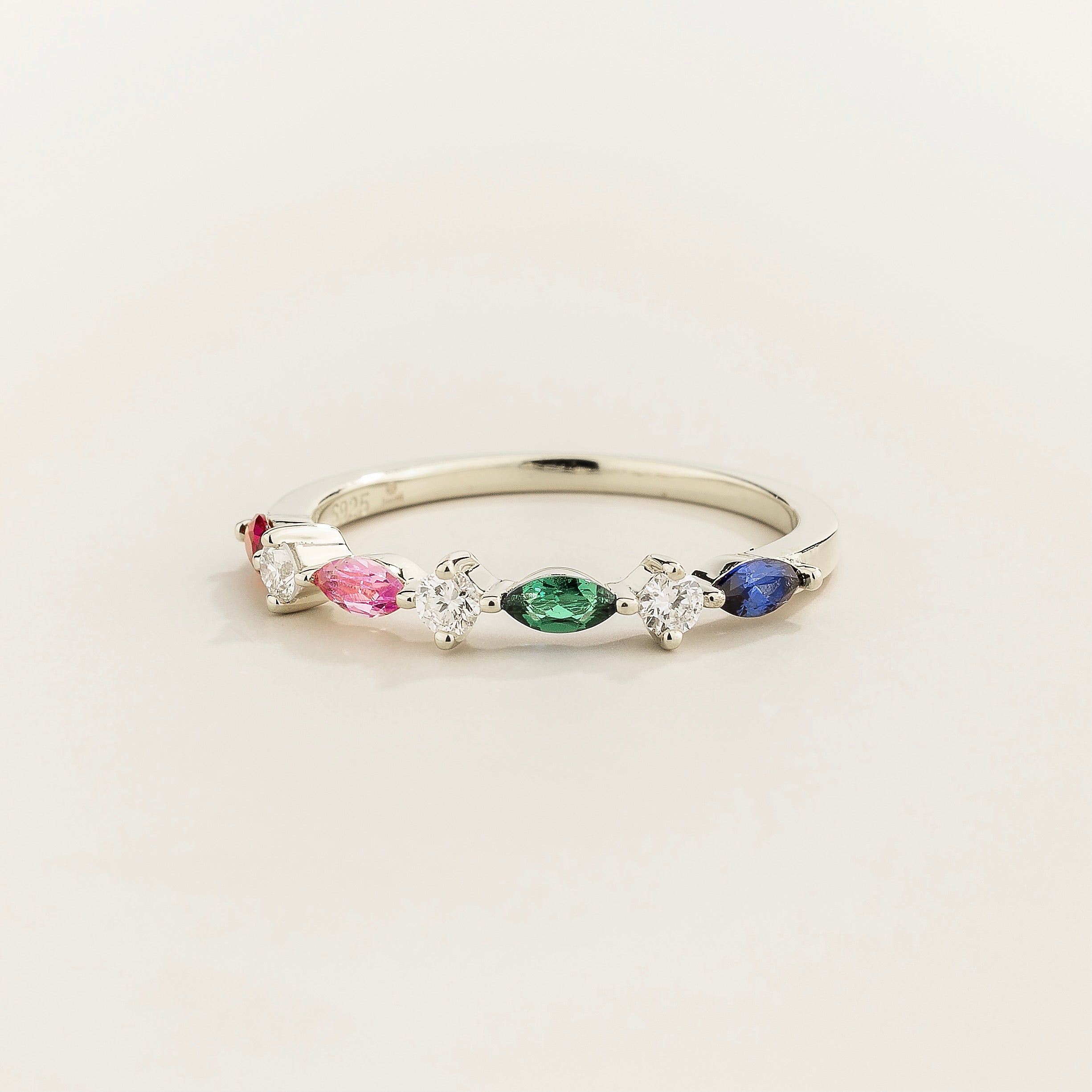 Marquise Ruby, Pink sapphire, Emerald, Blue sapphire & Diamond Half Eternity Band White Gold Ring