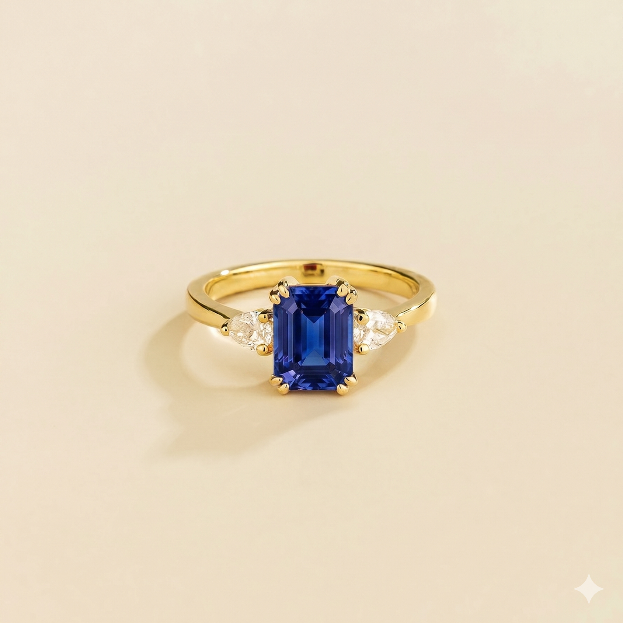 Ailes Blue Sapphire Emerald-Cut Ring with Pear Side Diamonds in Gold