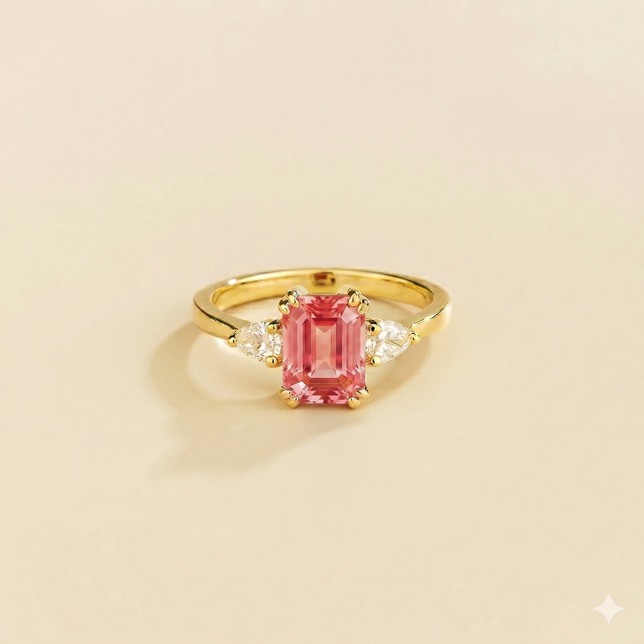 Ailes Padparadscha Sapphire Emerald-Cut Ring with Pear Side Diamonds in Gold