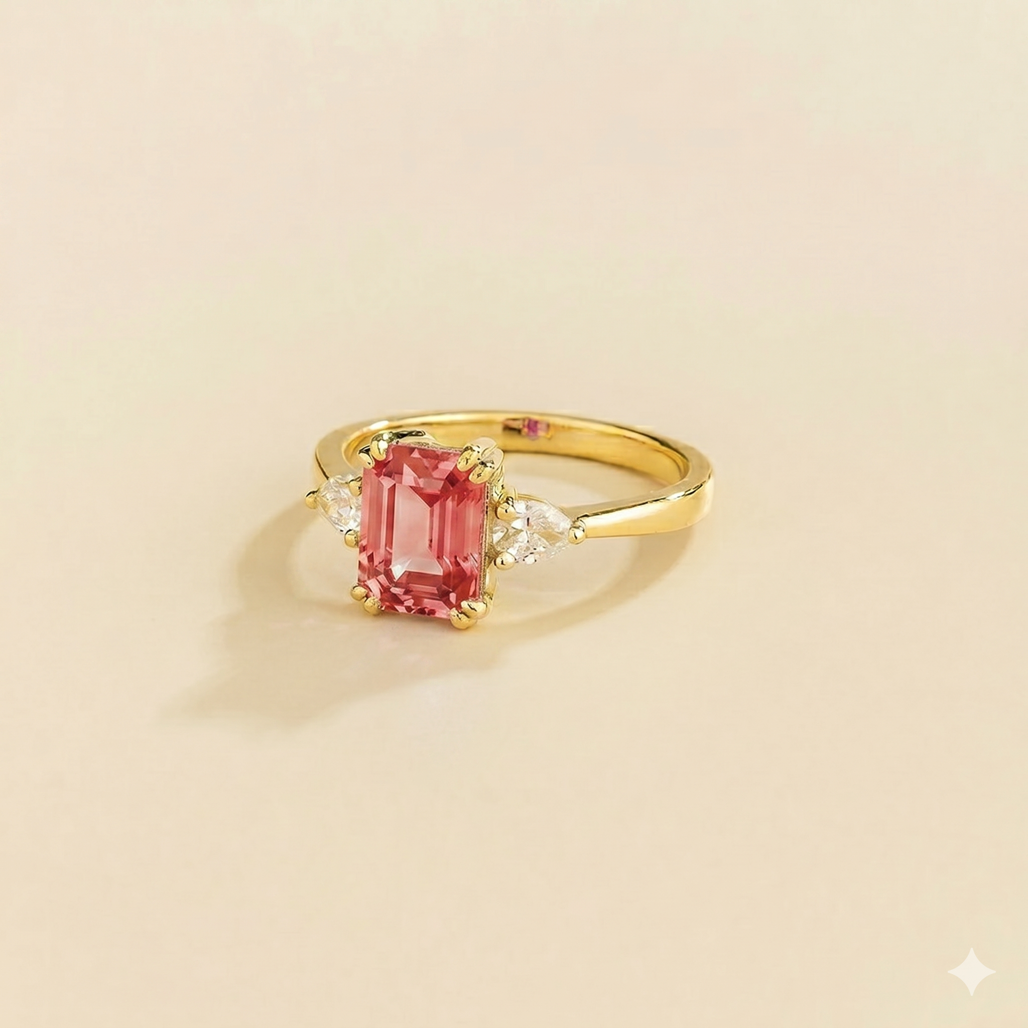 Ailes Padparadscha Sapphire Emerald-Cut Ring with Pear Side Diamonds in Gold