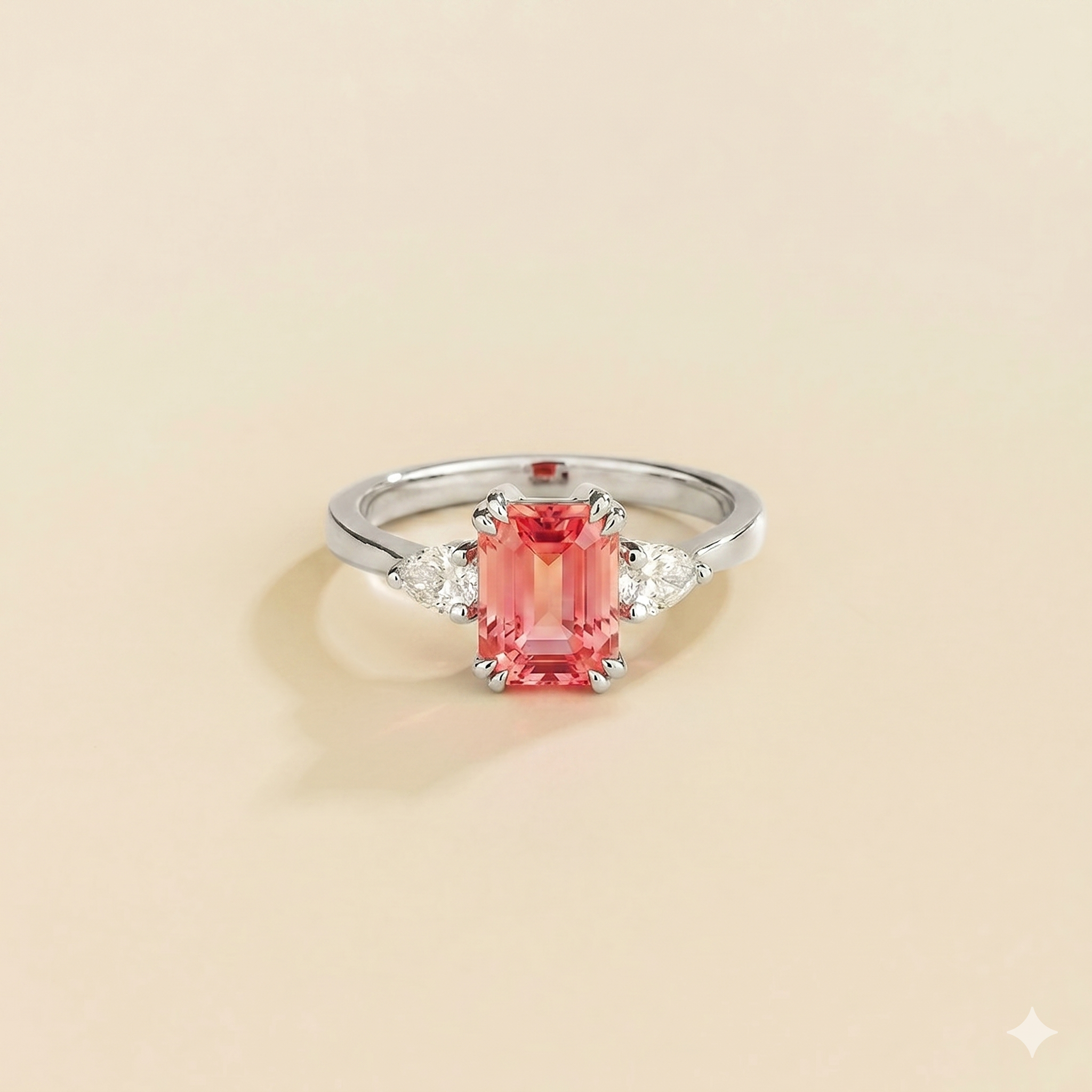 Ailes Padparadscha Sapphire Emerald-Cut Ring with Pear Side Diamonds in White Gold