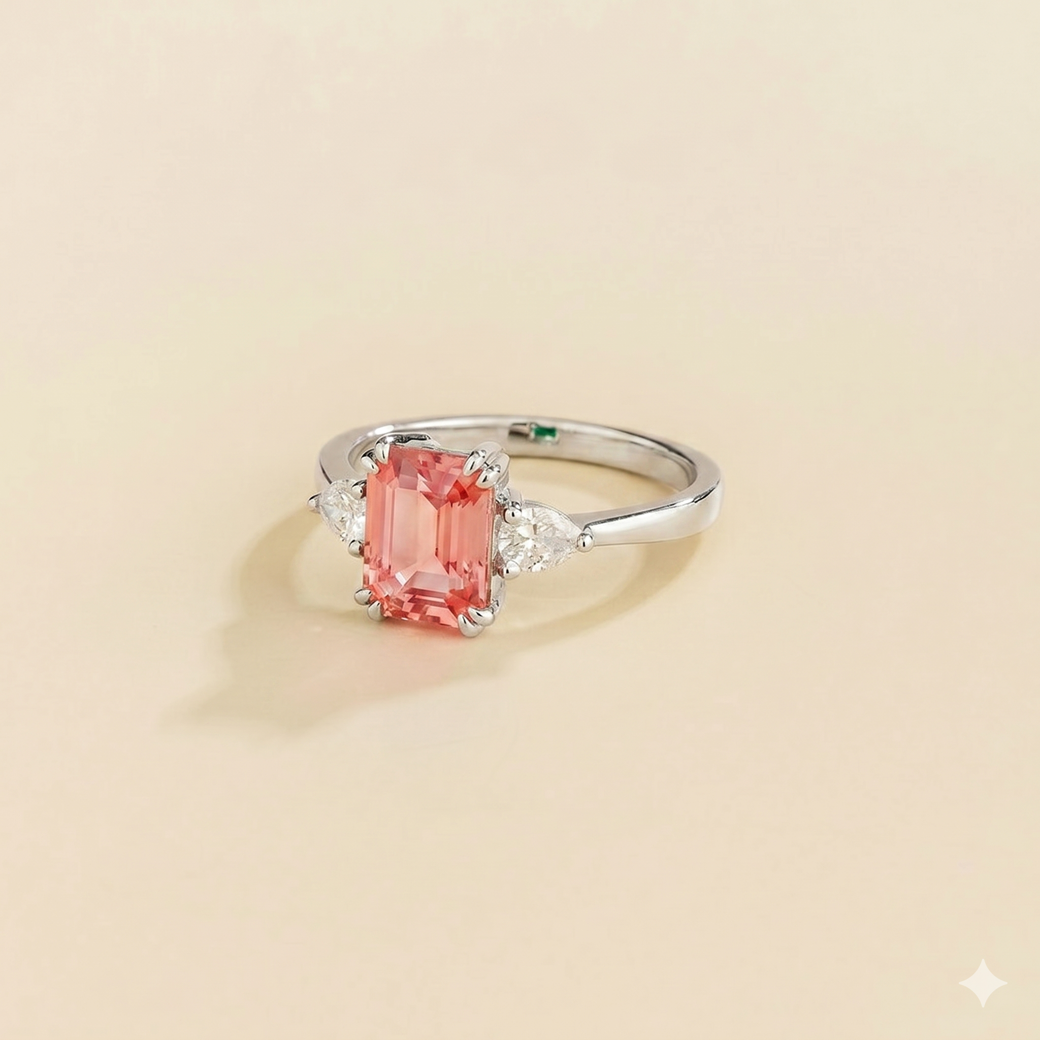 Ailes Padparadscha Sapphire Emerald-Cut Ring with Pear Side Diamonds in White Gold